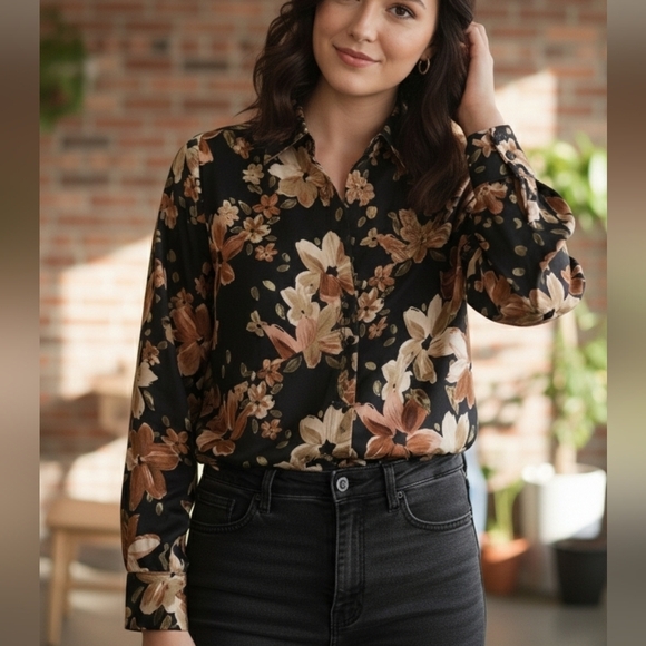 Tamara H Tops - Tamara H Satin Floral Black and Brown Women's Top Button Down Nwot